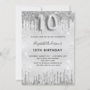 Invitation 10e anniversaire argent parties scintillant fille 
