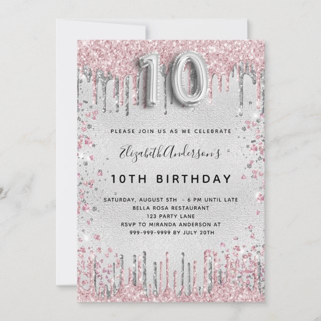 Invitation 10e anniversaire argent rose parties scintillant p (Devant)