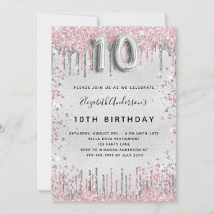 Invitation 10e anniversaire argent rose parties scintillant p