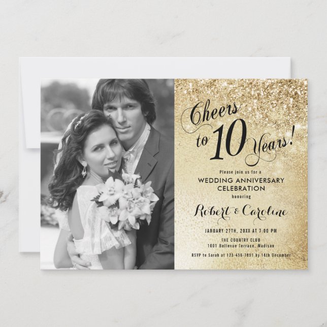 Invitation 10e anniversaire avec photo - Or (Devant)