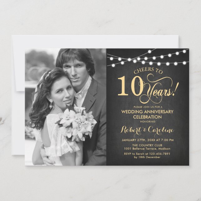 Invitation 10e anniversaire avec photo - Tableau noir or (Devant)