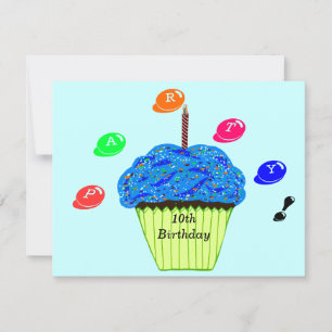 Invitation 10e anniversaire Blue Green Cupcakes Party