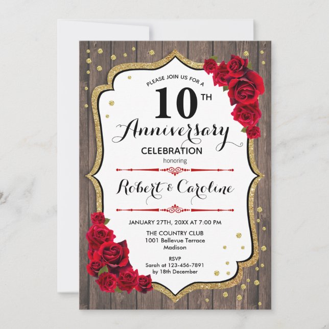 Invitation 10e Anniversaire - Bois Or Rouge (Devant)