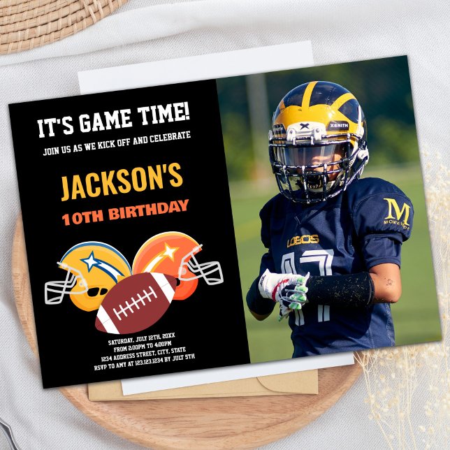 Invitation 10e anniversaire de la photo jaune noir (10th Black Yellow Photo Football Birthday Invitation)