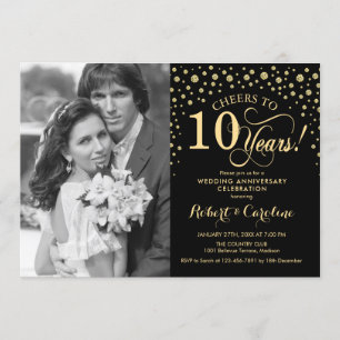 Invitation 10e anniversaire de mariage avec photo - Or Noir