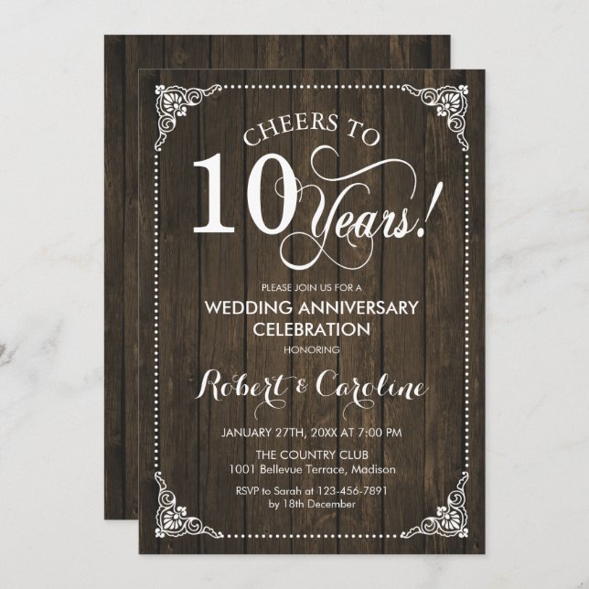 Invitation 10e anniversaire de mariage - Bois (Devant / Derrière)