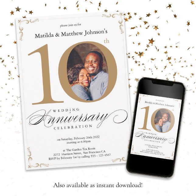 Invitation 10e anniversaire de mariage calligraphie or blanc (10th Wedding Anniversary White Gold Calligraphy Invitation)