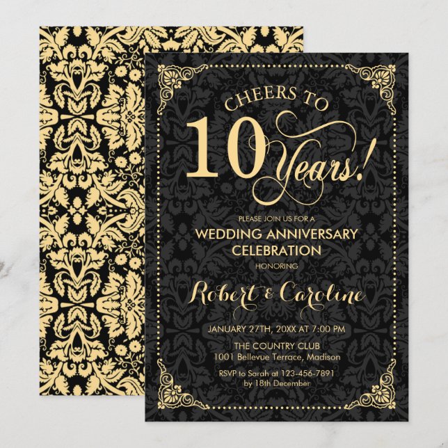 Invitation 10e anniversaire de mariage - Damask noir or (Devant / Derrière)