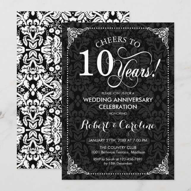 Invitation 10e anniversaire de mariage - Damassé noir et blan (Devant / Derrière)