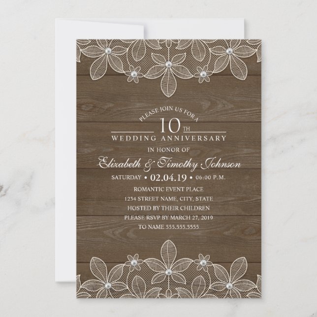 Invitation 10e anniversaire de Mariage Dentelle rustique en b (Devant)