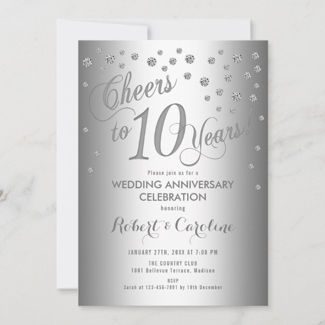 Invitation 10e anniversaire de mariage élégant - Argent blanc (Devant)