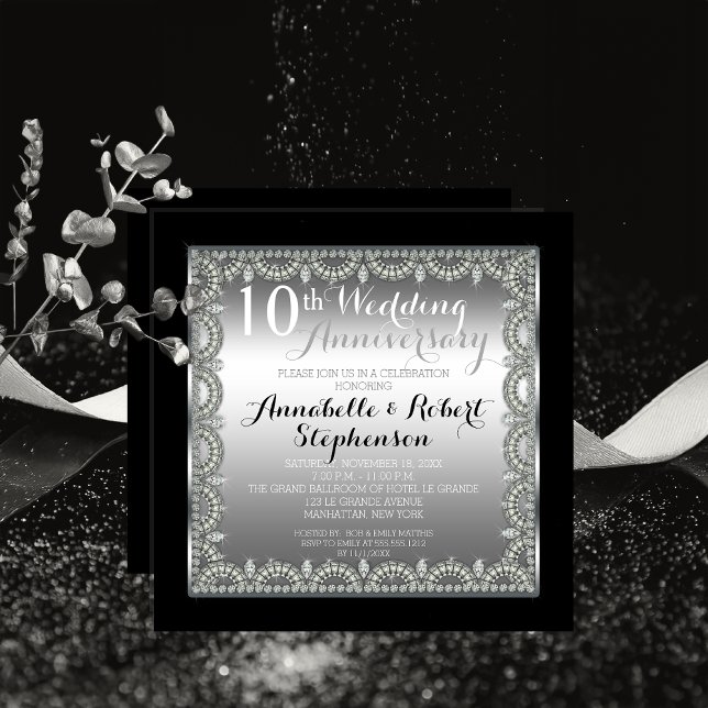 Invitation 10e anniversaire de mariage élégant Argent et Diam (Elegant 10th Silver Tone Tin-Look and Faux Printed Diamonds Anniversary Square Invitation Print Digi)