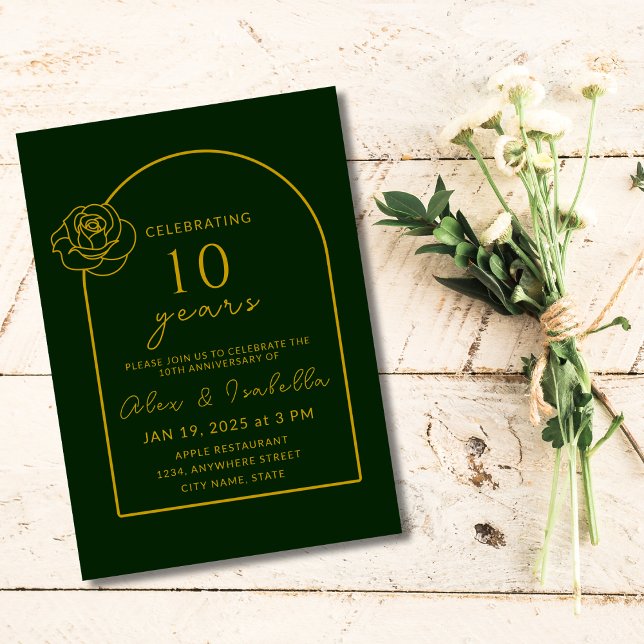 Invitation 10e anniversaire de Mariage moderne vert et or (Modern Elegant Minimalist green and gold 10 years wedding anniversary party invitation)