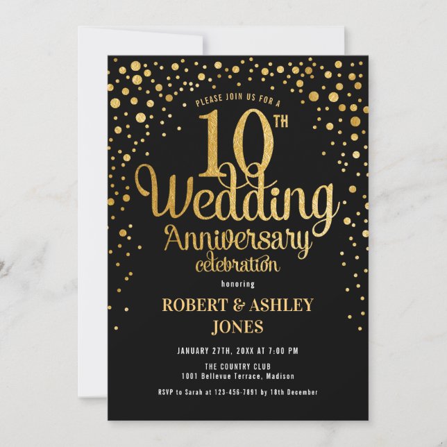 Invitation 10e anniversaire de Mariage - Noir & Or (Devant)