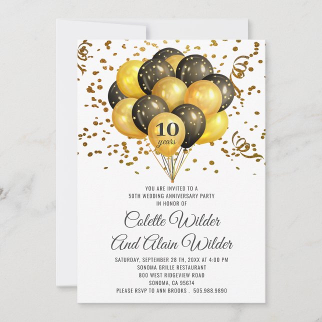 Invitation 10e anniversaire de mariage or et noir sur fond bl (Devant)