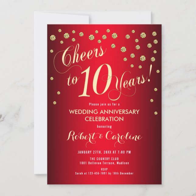 Invitation 10e anniversaire de Mariage - Rouge & Or (Devant)