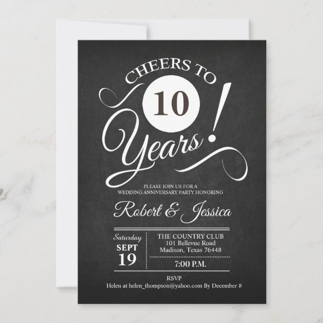 Invitation 10e anniversaire de mariage - Tableau noir et blan (Devant)