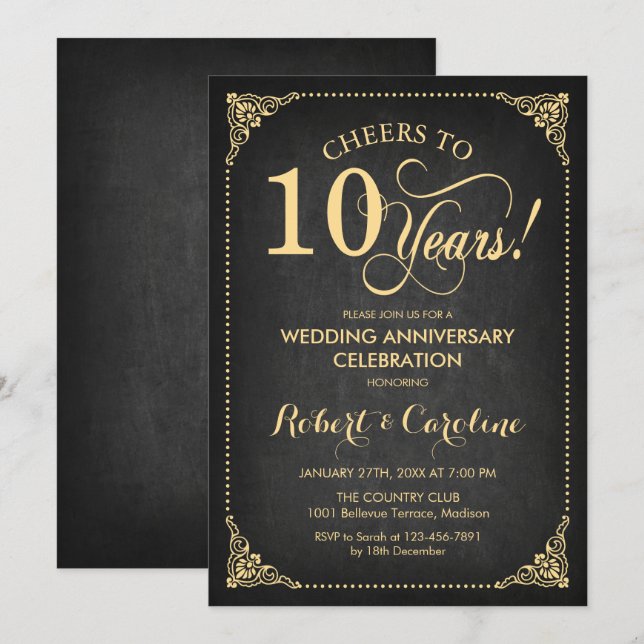 Invitation 10e anniversaire de mariage - Tableau noir or (Devant / Derrière)