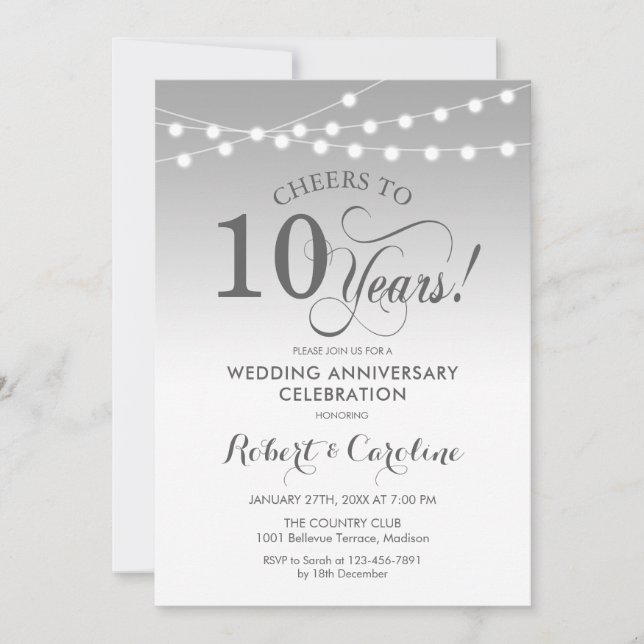 Invitation 10e anniversaire du Mariage - Blanc argenté (Devant)