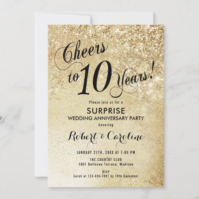 Invitation 10e anniversaire du Mariage surprise - Or (Devant)