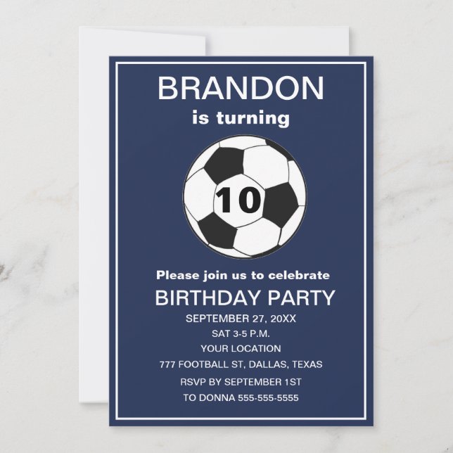 Invitation 10e Anniversaire Fête de football Marine Bleu Boys (Devant)