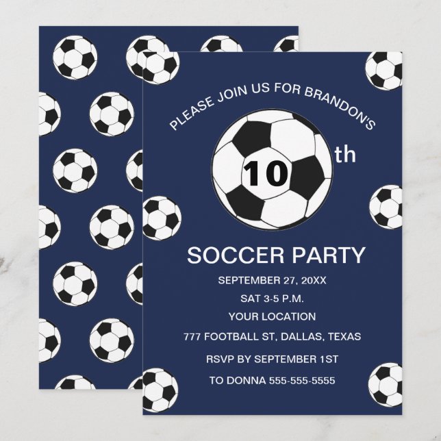 Invitation 10e Anniversaire Fête de football Marine Bleu Boys (Devant / Derrière)