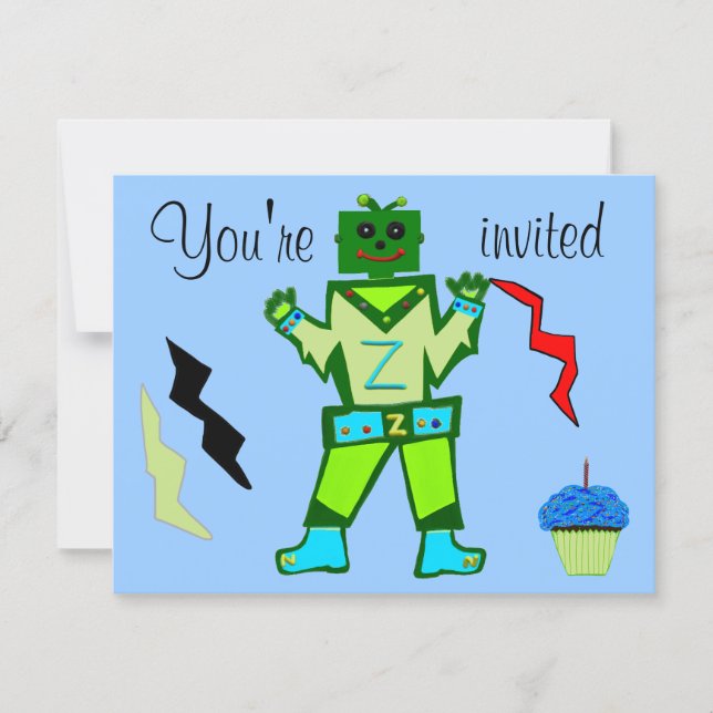 Invitation 10e anniversaire Green Robot Boy et Stars de vaiss (Devant)