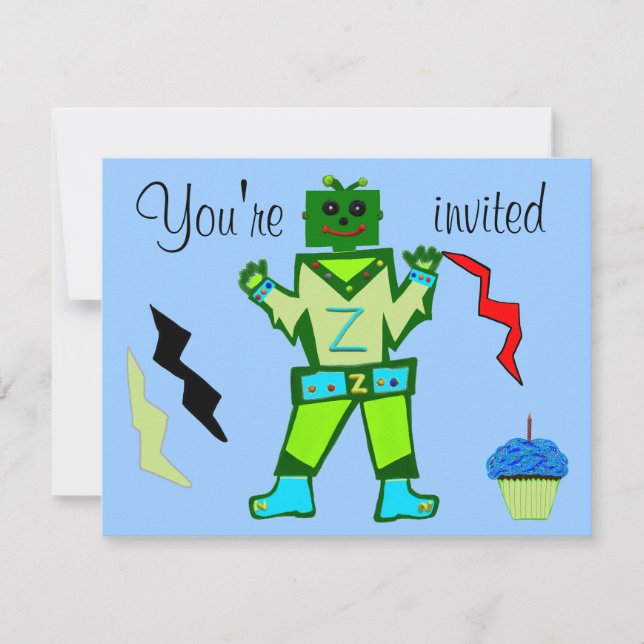 Invitation 10e anniversaire Green Robot Boy et Stars de vaiss (Devant)