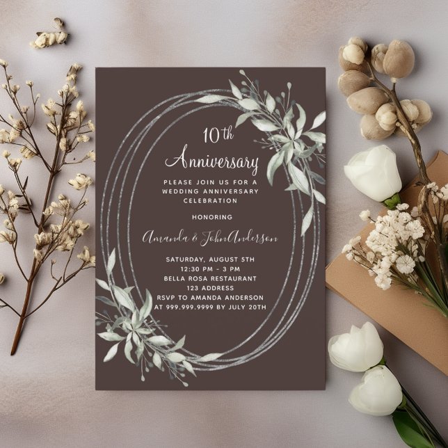 Invitation 10e anniversaire mariage brun bistre verdure (Créateur téléchargé)