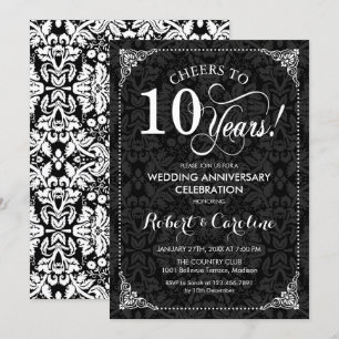 Invitation 10e anniversaire Mariage - Damas noir blanc