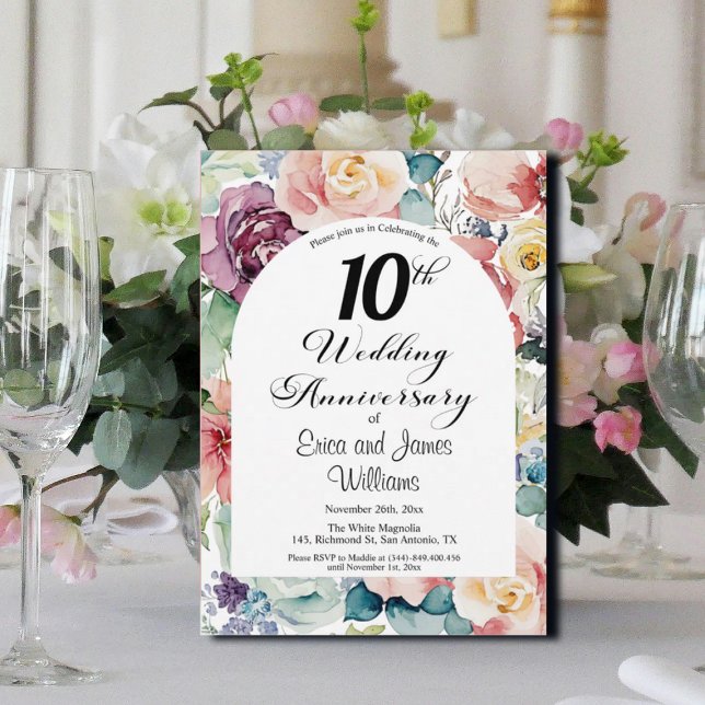 Invitation 10e anniversaire Mariage Élégant script floral (Créateur téléchargé)