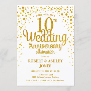 Invitation 10e anniversaire Mariage - Or et blanc