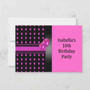Invitation 10e anniversaire motif de points noir rose et ball