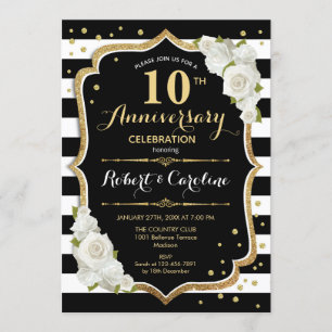 Invitation 10e Anniversaire - Noir Blanc Or