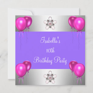Invitation 10e Anniversaire Pink Ballons Argent Purple