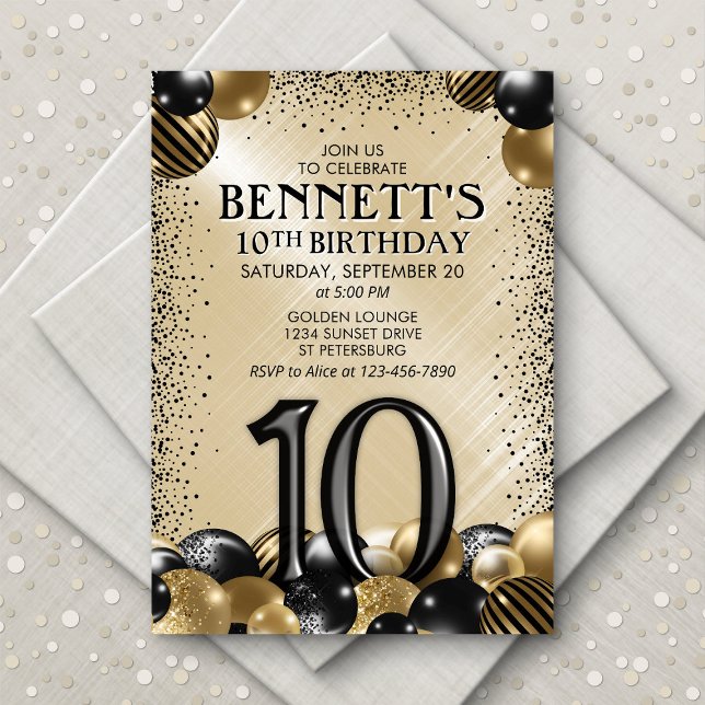 Invitation 10e Ballons Black Gold Anniversaire (Créateur téléchargé)