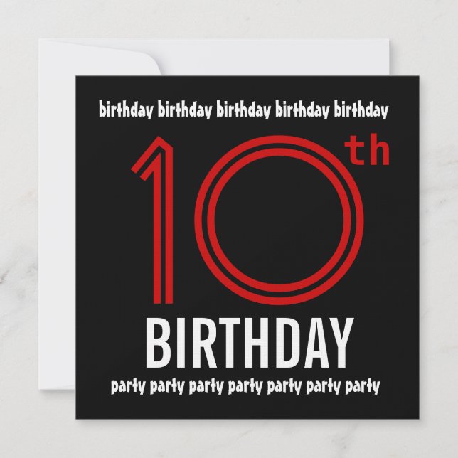 Invitation 10e fête d'anniversaire moderne rouge et noir (Devant)
