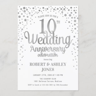 Invitation 10ème Anniversaire de mariage - argent et blanc