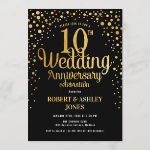 Invitation 10ème Anniversaire de mariage - noir et or