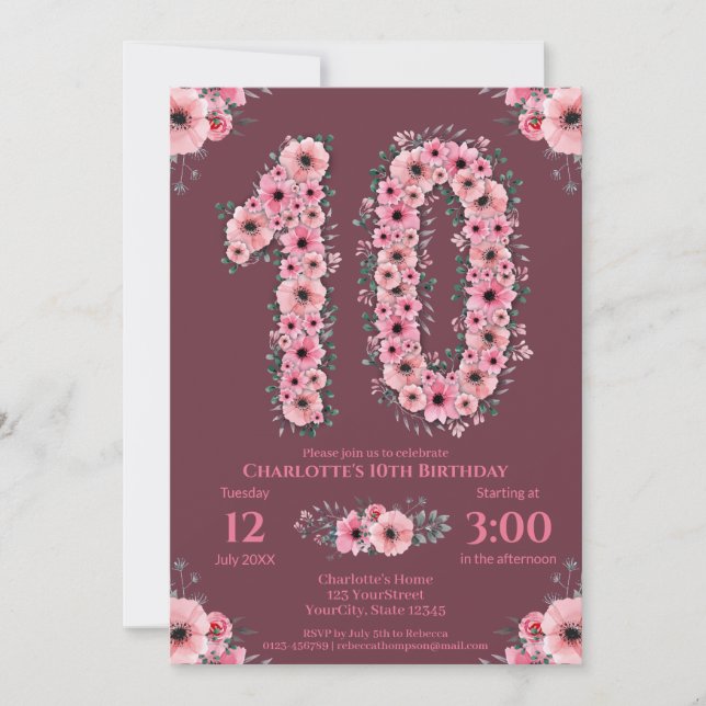 Invitation 10ème grand anniversaire fille Fleurs roses Fleurs (Devant)
