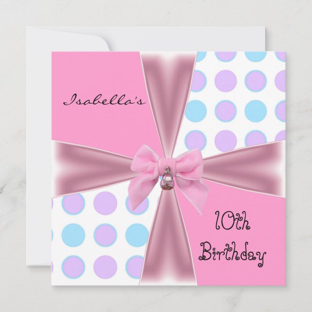 Invitation 10th Birthday Spots Pink Mauve Blue Bow (Front)