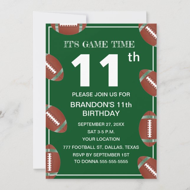 Invitation 11e fête d'anniversaire Football Vert Sport Enfant (Devant)