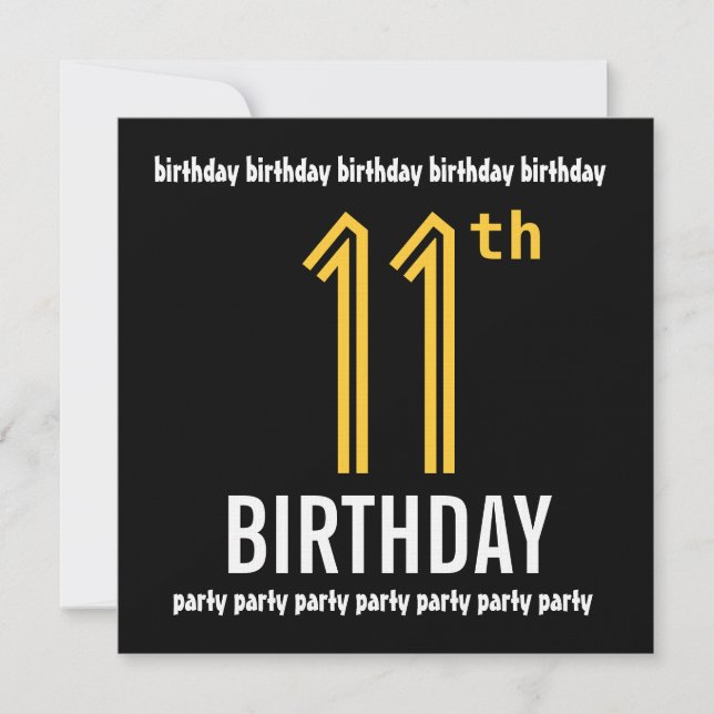 Invitation 11e fête d'anniversaire Gold moderne et Noir (Devant)