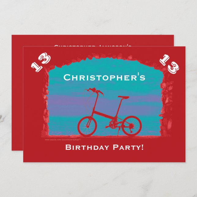 Invitation 12e, 13e, 14e fête d'anniversaire, Bicycle rouge (Devant / Derrière)