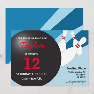 Invitation 12e anniversaire bowling party bleu rouge blanc