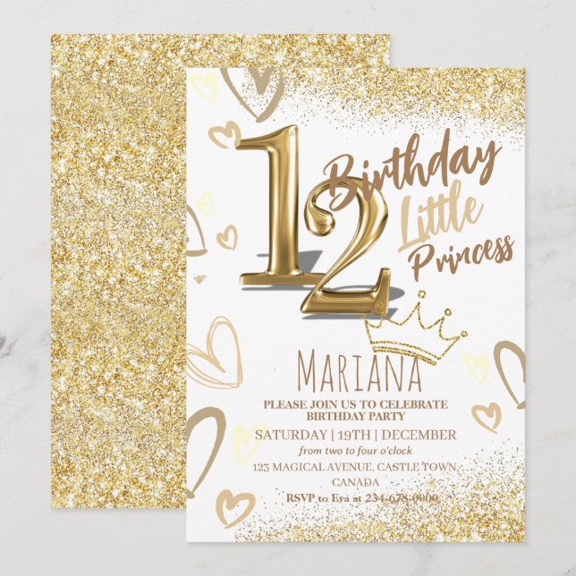 Invitation 12e anniversaire Heard Gold Glitter Glamour Party (Devant / Derrière)