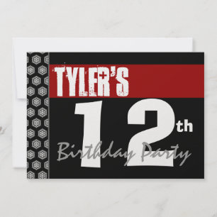 Invitation 12e anniversaire moderne pour lui Rouge Blanc Noir
