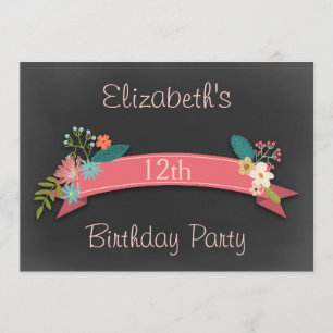 Invitation 12e anniversaire Pink Banner Flowers Chalkboard