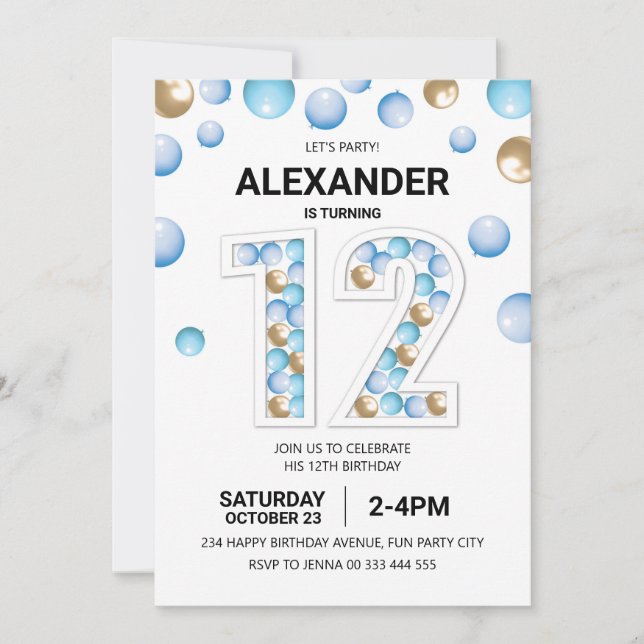 Invitation 12e fête d'anniversaire, Bleu et Ballons d'or (Devant)
