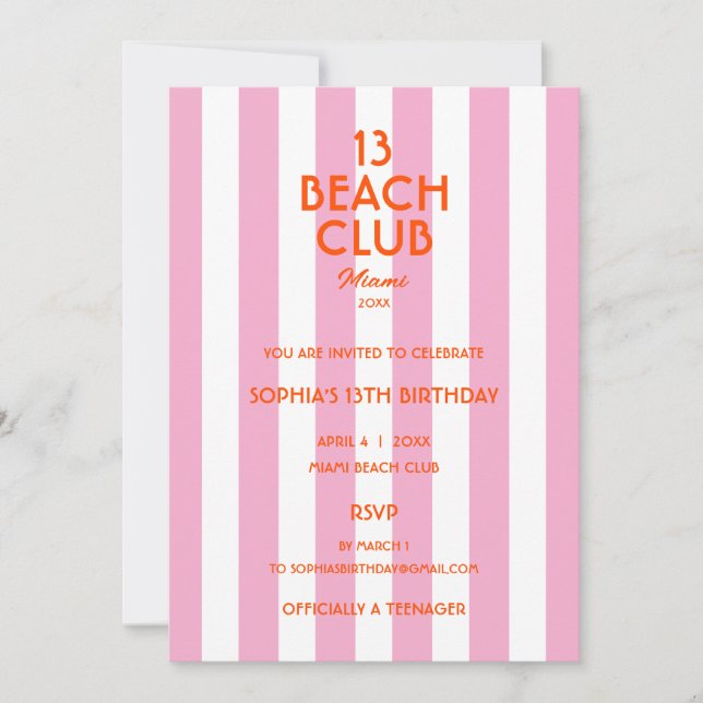 Invitation 13 Beach Club Cabana Rayures 13e Fête d'anniversai (Devant)